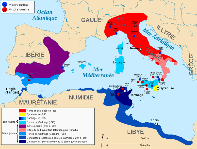 Die Mächte im Mittelmeer zu Zeiten der Punischen Kriege - Bild: Von Bourrichon - Travail personnel à partir de File:Carthaginianempire.PNG (by Javierfv1212) et sur les indications de fr:Utilisateur:Zivax., CC BY-SA 3.0, https://commons.wikimedia.org/w/index