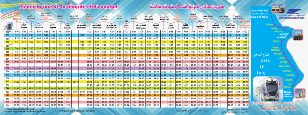 Metro du Sahel Fahrplan Mahdia-Sousse - Winter 2020/2021 - Vergrößern durch Klicken auf das Bild