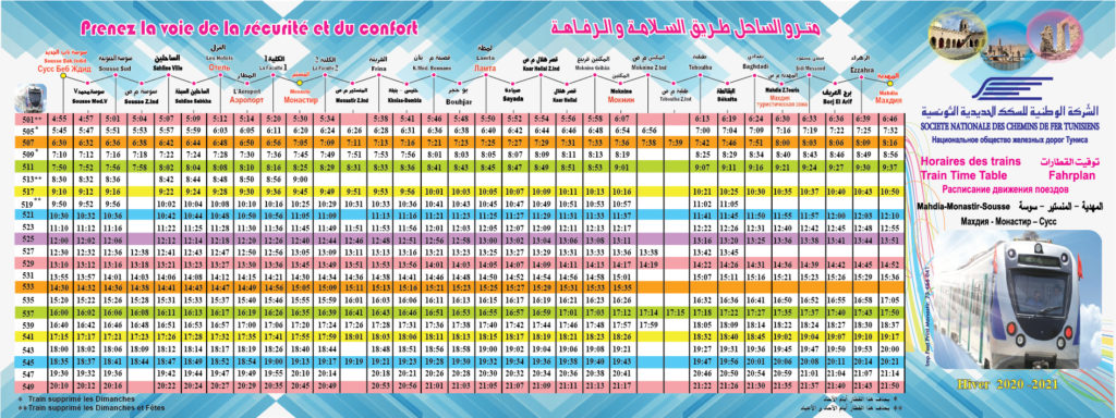 Metro du Sahel Fahrplan Sousse-Mahdia – Winter 2020/2021 – Vergrößern durch Klicken auf das Bild