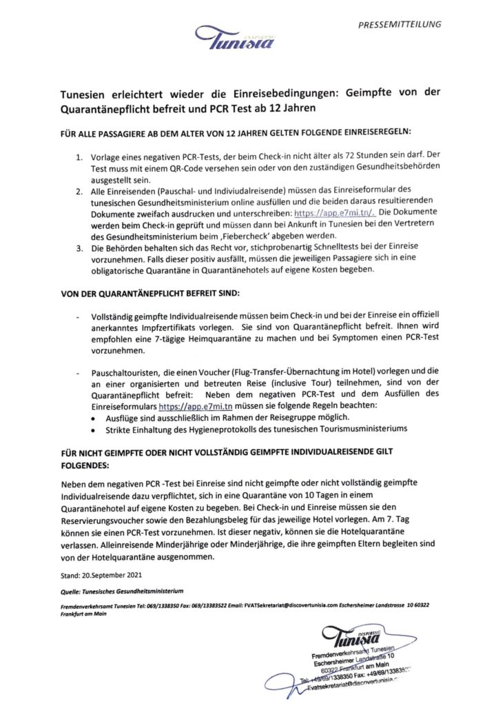 Einreisebestimmungen des Fremdenverkehrsamtes Tunesien vom 20 September 2021