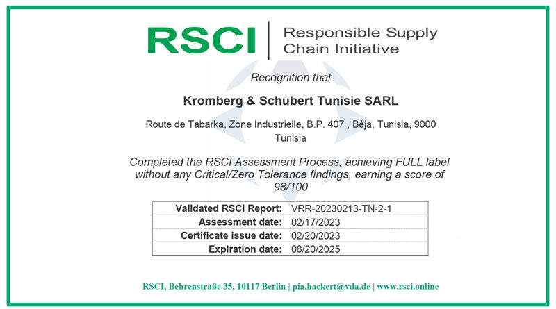Kromberg & Schubert Béja erhält "Responsible Supply Chain Initiative"-Zertifizierung